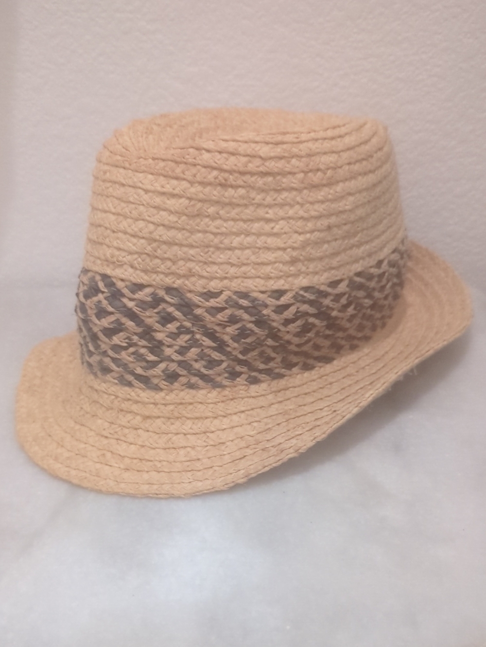 Woven Straw Hat with Dark Patterned Trim